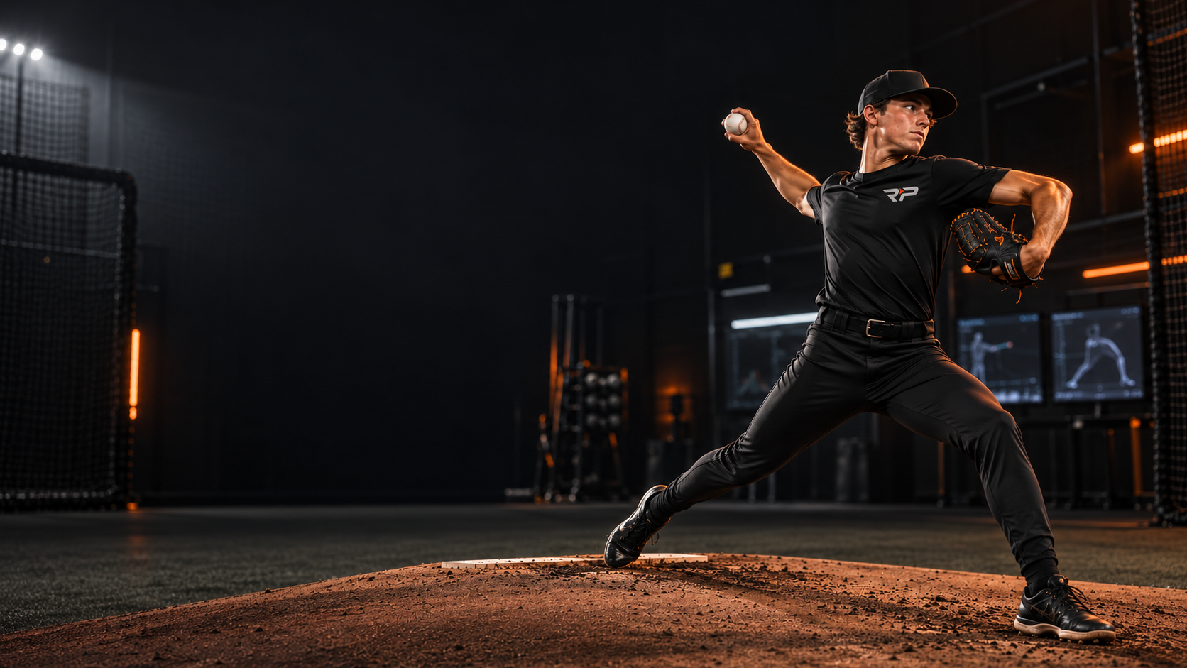 Pitcher mid-delivery, dark gym
